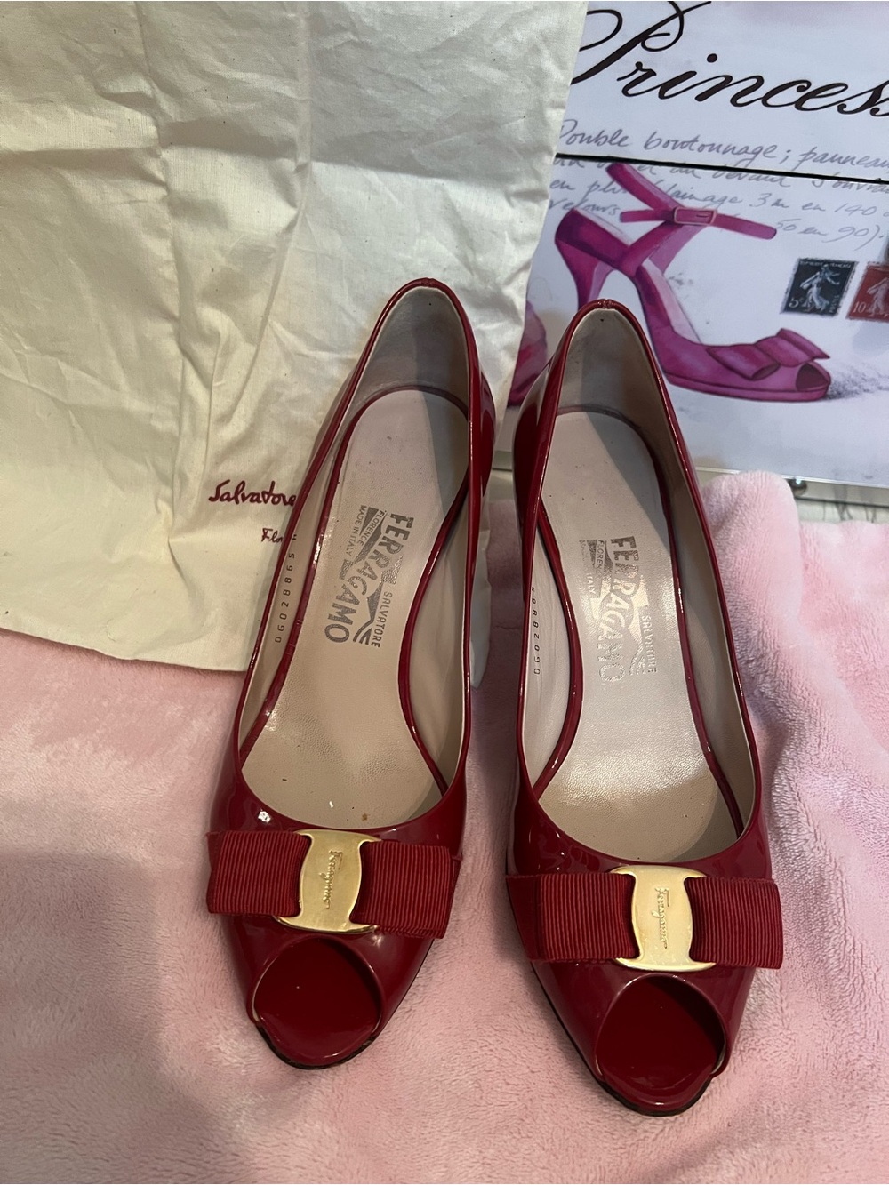 Salvatore Ferragamo Red Patent Peep-Toe Pumps with Bow and Gold Plaque